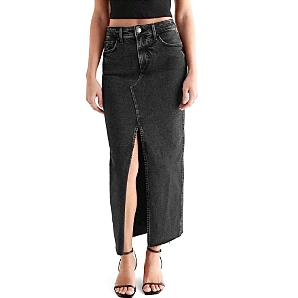 Express Charcoal Black Midi Denim Skirt - Picture 1 of 8